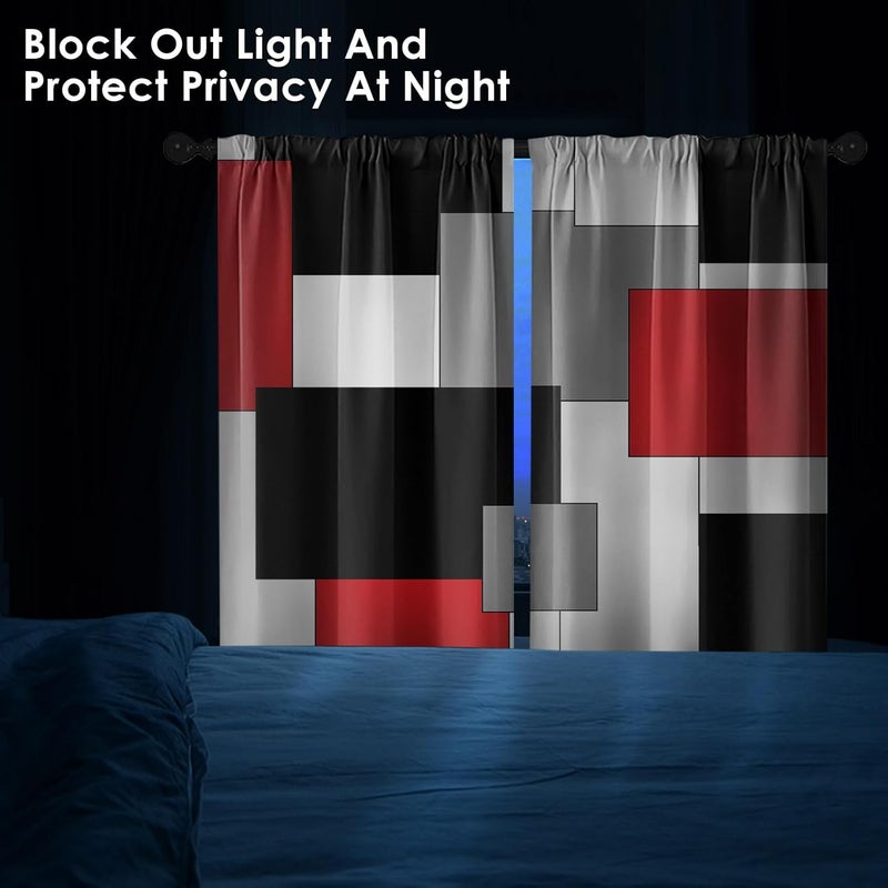 Tayney Red Kitchen Curtains 36 Inch Length Black Grey White Window Short Tier Curtains Over Sink Set of 2, Modern Abstract Geometric Art Small Kitchen Decor 26x36 Inch - Image 3